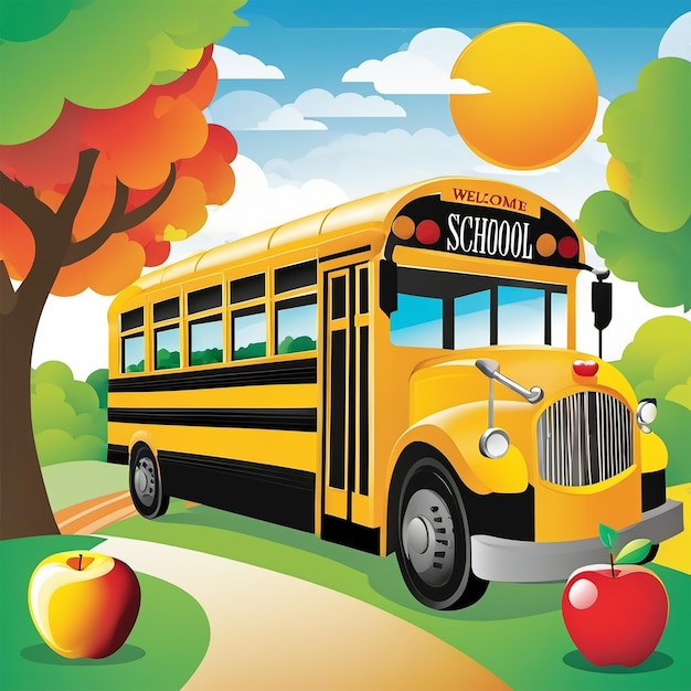 A school bus with an apple and an apple on the front.