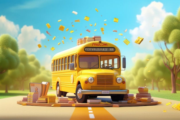 School bus with books pencils erasers erasers and notebooks