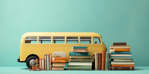 School bus with books on a soft turquoise background