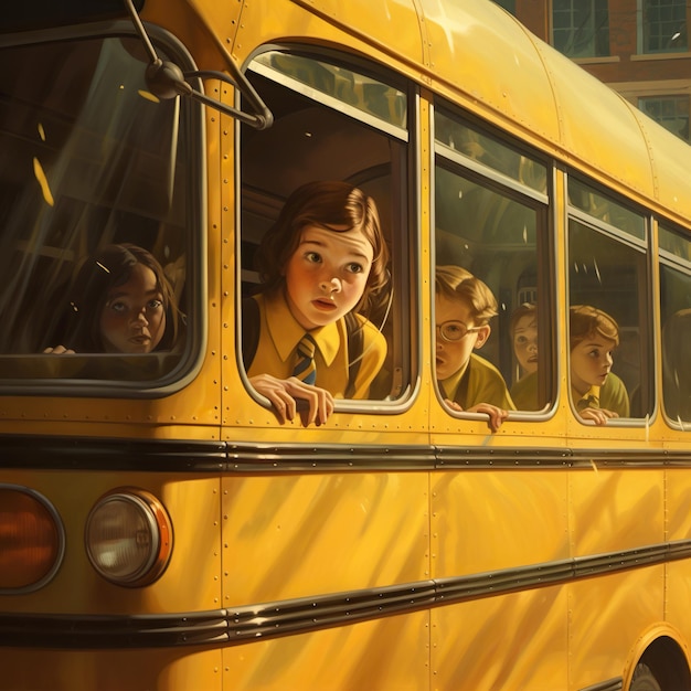 a school bus with a girl looking out the window