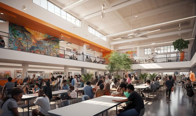 school cafeteria filled with students enjoying nutritious meals