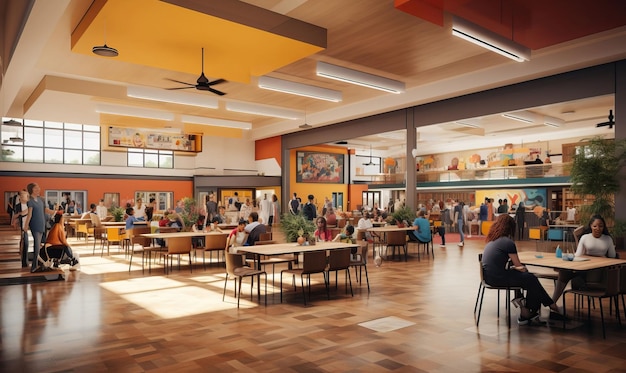 school cafeteria filled with students enjoying nutritious meals