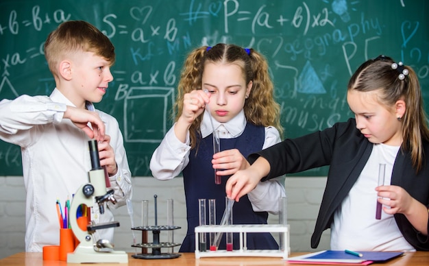 School chemistry lesson. Test tubes with substances. Formal education. School laboratory. Group school pupils study chemical liquids. Girls and boy student conduct school experiment with liquids.