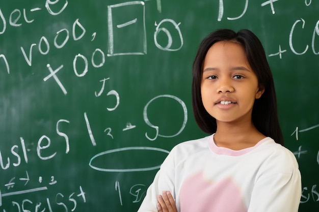 School child girl in classroom Funny kid against a green chalkboard Idea and creativity concept