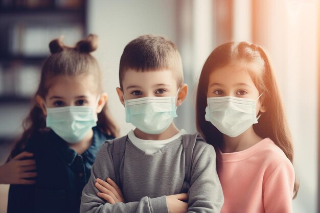Foto bambino di scuola che indossa una maschera durante l'epidemia di coronavirus e influenza ragazzo e ragazza che tornano a