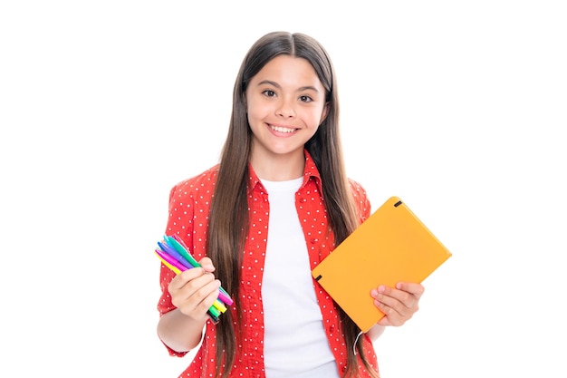 School child with book Learning and education Portrait of happy smiling teenage child schoolgirl