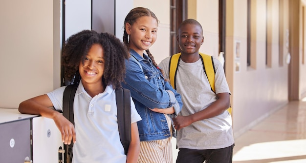 School children and portrait of students in a corridor before class back to school and excited about their future Education diversity and friends relax in a hallway talking and young learners