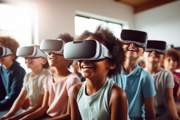 School children wearing vr virtual reality headsets in a classroom