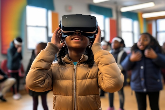 School children wearing vr virtual reality headsets in a classroom