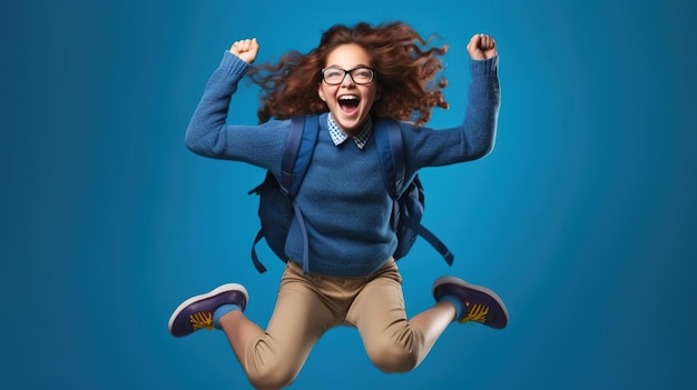 Photo school children with backpacks and books jumping