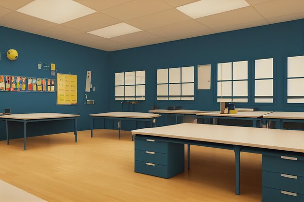 School class in a school with a blackboard on the wall
furniture and lamps on the ceiling 3d illustration