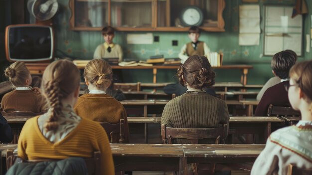 Foto classe scolastica e studenti che imparano