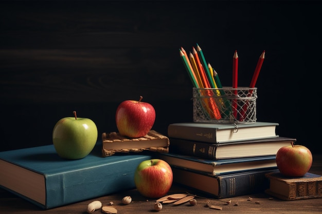 School classroom colorful pencils and books and apple on desk