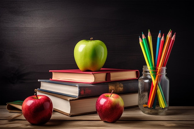 School classroom colorful pencils and books and apple on desk