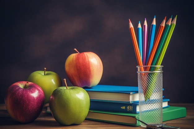 School classroom colorful pencils and books and apple on desk