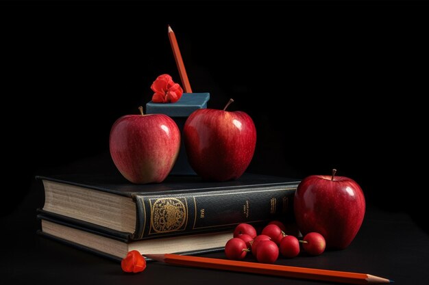 School classroom colorful pencils and books and apple on desk