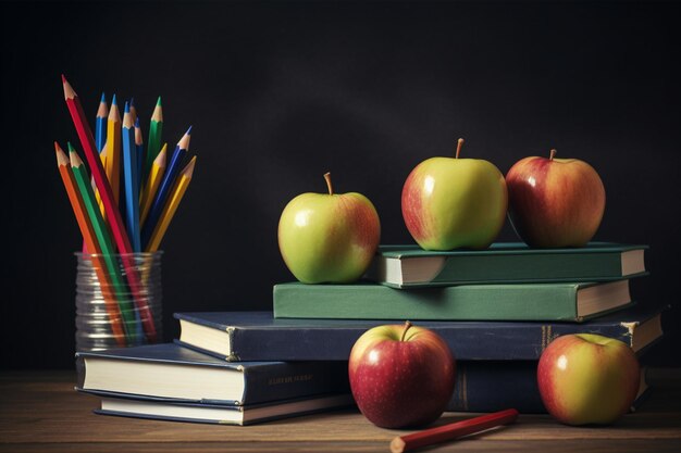 School classroom colorful pencils and books and apple on desk