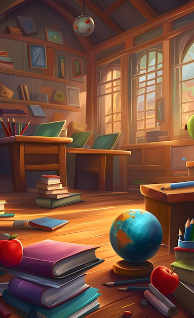 School classroom supplies background in cartoon style