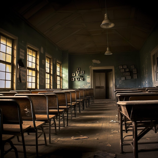 School classroom with chairsdesks and chalkboard