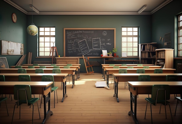 School classroom with chairsdesks and chalkboard