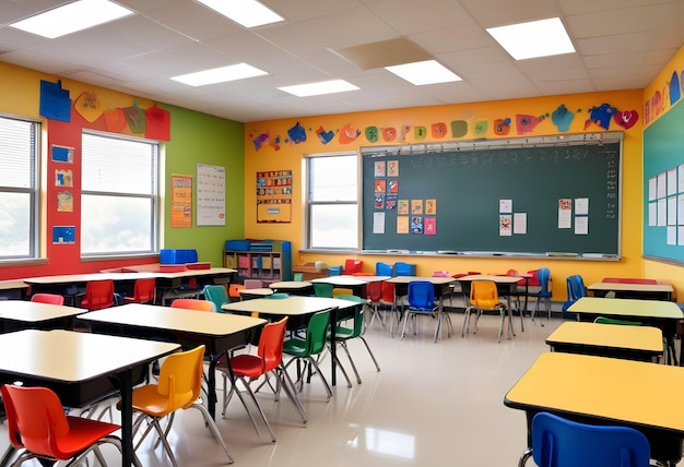 Photo a school classroom with colorful chairs and tables for children