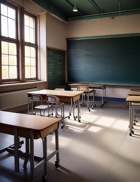 A school classroom with empty desks