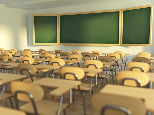 School classroom with empty school chairs and blackboard Back to school concept