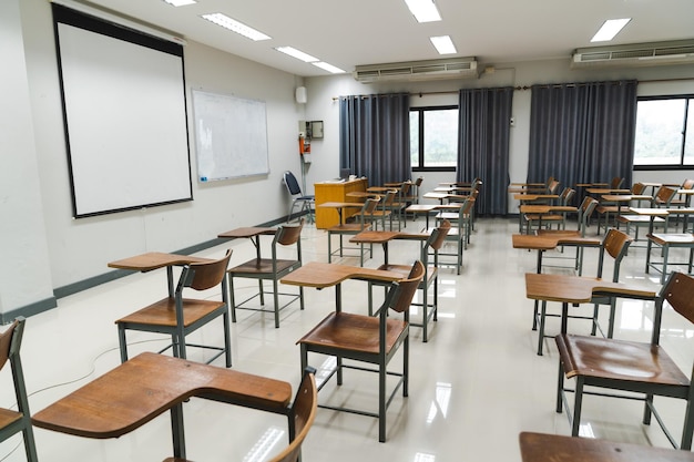 School classroom with many wooden chairs wellarranged in rows\
with no student