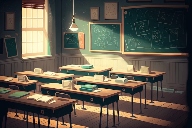 School classroom with school desks and blackboard