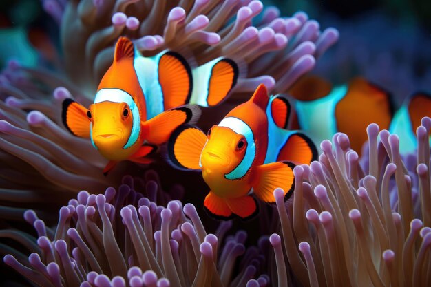 A school of clownfish in a colorful coral reef cowfishes among coral reefs Ai generated