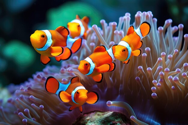 다채로운 산호초에 있는 조롱거리 물고기 무리 귀여운 해파리 물고기가 산호초에서 놀고 있습니다.