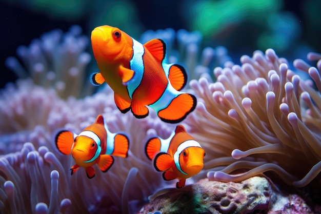 色とりどりのサンゴ礁のクローンフィッシュの群れアイが作ったサンゴ礁で遊ぶ可愛いアネモーンフィッシュ