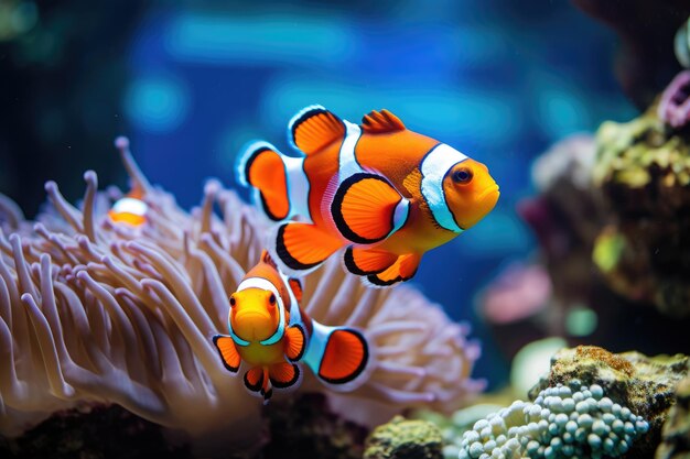 다채로운 산호초에 있는 조롱거리 물고기 무리, 화려한 색의 조롱거리가 산호초 안과 밖으로 뛰어다니는 무리.