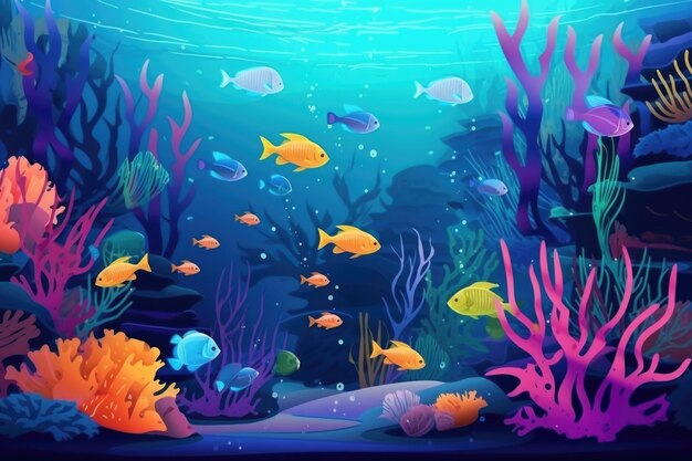 School of colorful fish swimming in an underwater paradise created with generative ai