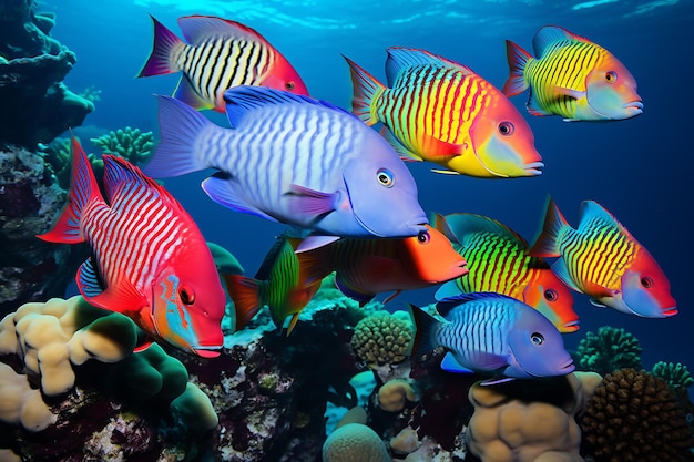 Школа красочных рыб-папугаев добавляет цвет рифу реалистичную фотографию