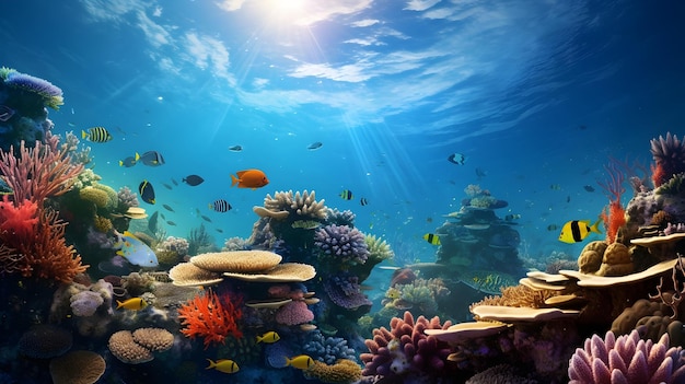 School of colorful tropical fish darting through a vibrant coral garden