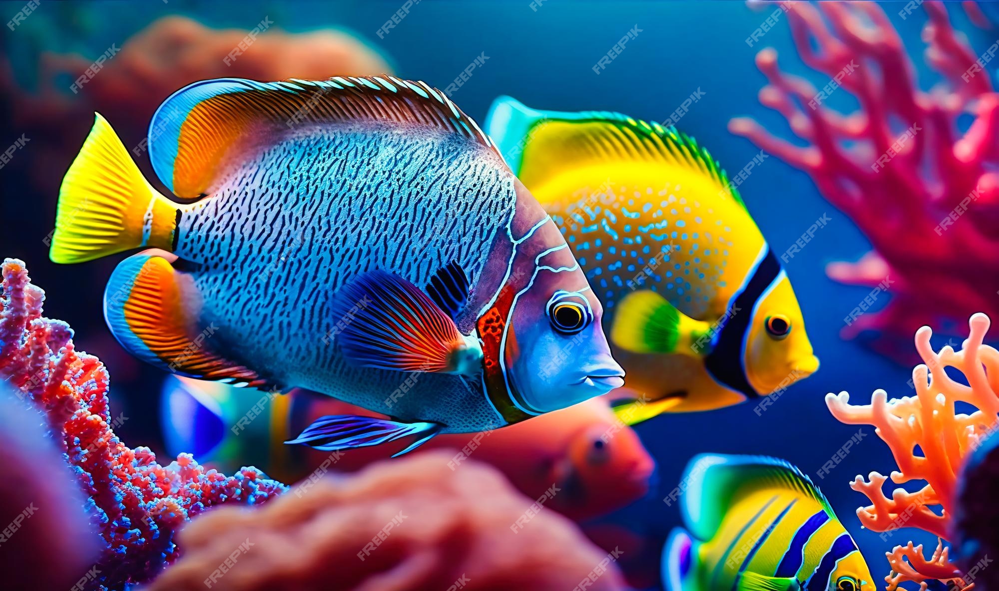 Premium Photo | A school of colorful tropical fish swimming around a ...