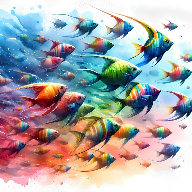 school of colorful watercolor fish