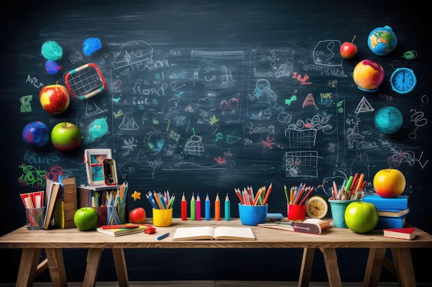 School concept with blackboard background and desk items