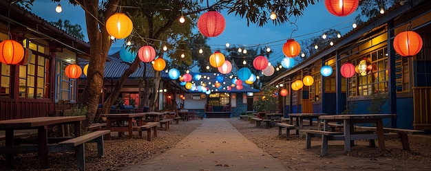 School Courtyard Decorated With Paper Lanterns Background