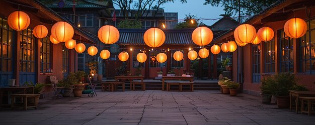 School Courtyard Decorated With Paper Lanterns Wallpaper