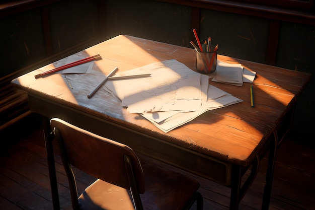 School desk and homework AI generated