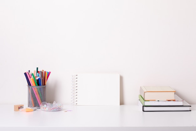 School desk in modern style on white background. Home education.Modern decor. Mock up.