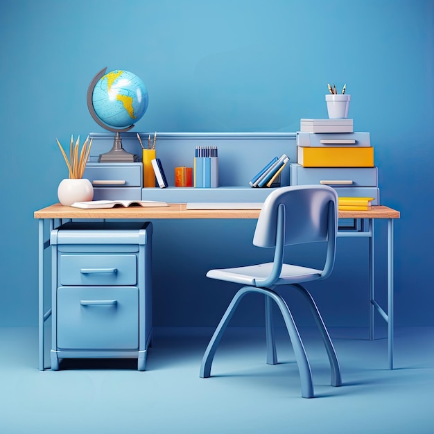 사진 파란색 배경에 학교 액세서리가 있는 학교 책상 테이블