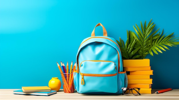 School desk with bag and school accessory on blue background with copy space