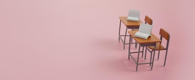 School desk with books on pink background