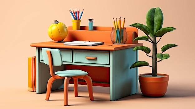 School desk with school accessory and backpack back to school on isolated background