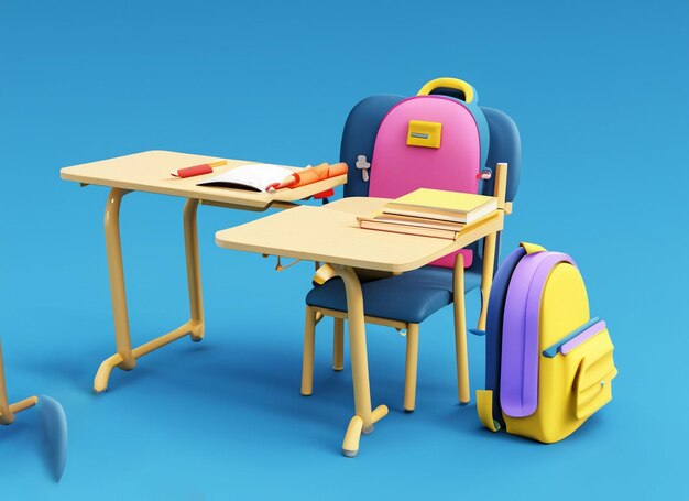 Photo school desk with school accessory and different color backpack on blue and yellow background