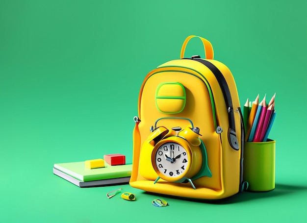 school desk with school accessory and different color backpack on blue and yellow background