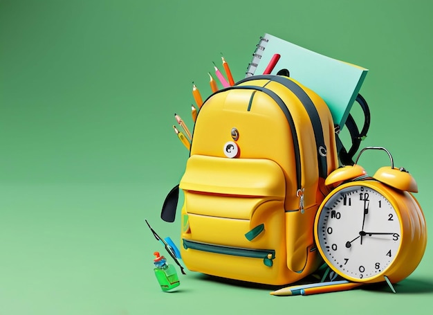 school desk with school accessory and different color backpack on blue and yellow background